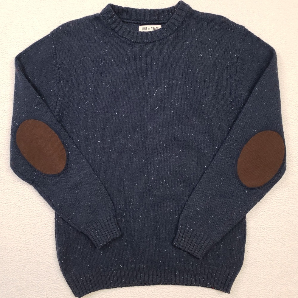 Line of Trade Sweater Mens Medium Navy Blue Wool Blend Elbow Patch Crew Neck